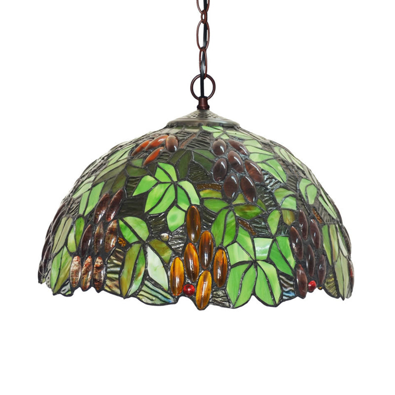 Domed Ceiling Chandelier 2 Lights Red/Green/Purple Stained Glass Tiffany Pendant Lighting Fixture Clearhalo 'Ceiling Lights' 'Chandeliers' 'Industrial' 'Middle Century Chandeliers' 'Pendant Lights' 'Tiffany Chandeliers' 'Tiffany close to ceiling' 'Tiffany' Lighting' 317688