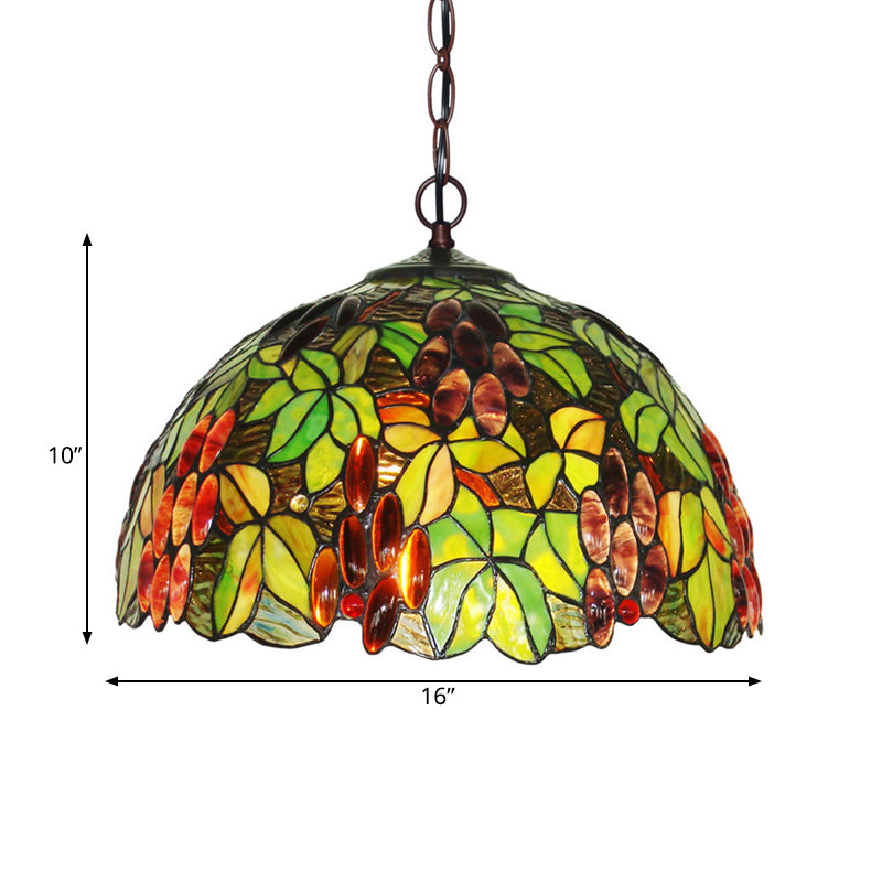 Domed Ceiling Chandelier 2 Lights Red/Green/Purple Stained Glass Tiffany Pendant Lighting Fixture Clearhalo 'Ceiling Lights' 'Chandeliers' 'Industrial' 'Middle Century Chandeliers' 'Pendant Lights' 'Tiffany Chandeliers' 'Tiffany close to ceiling' 'Tiffany' Lighting' 317689