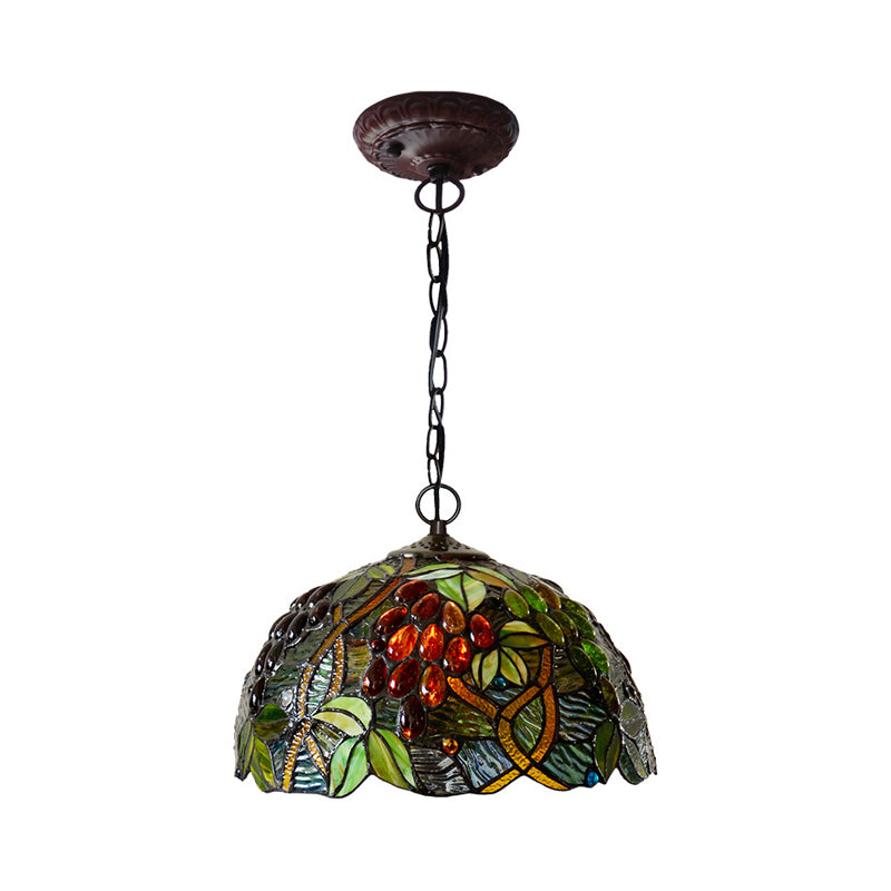 Domed Ceiling Chandelier 2 Lights Red/Green/Purple Stained Glass Tiffany Pendant Lighting Fixture Clearhalo 'Ceiling Lights' 'Chandeliers' 'Industrial' 'Middle Century Chandeliers' 'Pendant Lights' 'Tiffany Chandeliers' 'Tiffany close to ceiling' 'Tiffany' Lighting' 317691