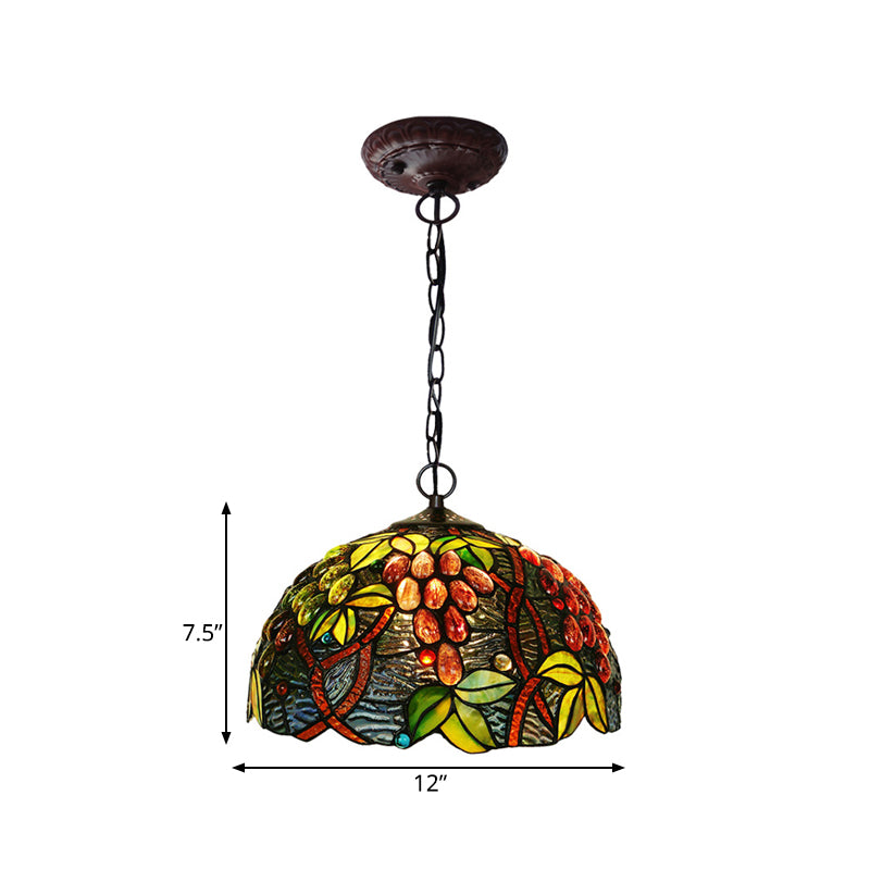 Domed Ceiling Chandelier 2 Lights Red/Green/Purple Stained Glass Tiffany Pendant Lighting Fixture Clearhalo 'Ceiling Lights' 'Chandeliers' 'Industrial' 'Middle Century Chandeliers' 'Pendant Lights' 'Tiffany Chandeliers' 'Tiffany close to ceiling' 'Tiffany' Lighting' 317692