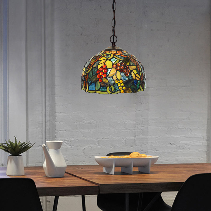 8"/12" W Dome Green Stained Glass Hanging Light Mediterranean 1 Light Bronze Down Lighting Pendant Green 8" Clearhalo 'Ceiling Lights' 'Industrial' 'Middle Century Pendants' 'Pendant Lights' 'Pendants' 'Tiffany close to ceiling' 'Tiffany Pendants' 'Tiffany' Lighting' 317709