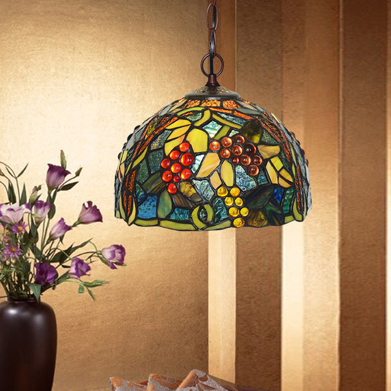 8"/12" W Dome Green Stained Glass Hanging Light Mediterranean 1 Light Bronze Down Lighting Pendant Clearhalo 'Ceiling Lights' 'Industrial' 'Middle Century Pendants' 'Pendant Lights' 'Pendants' 'Tiffany close to ceiling' 'Tiffany Pendants' 'Tiffany' Lighting' 317710