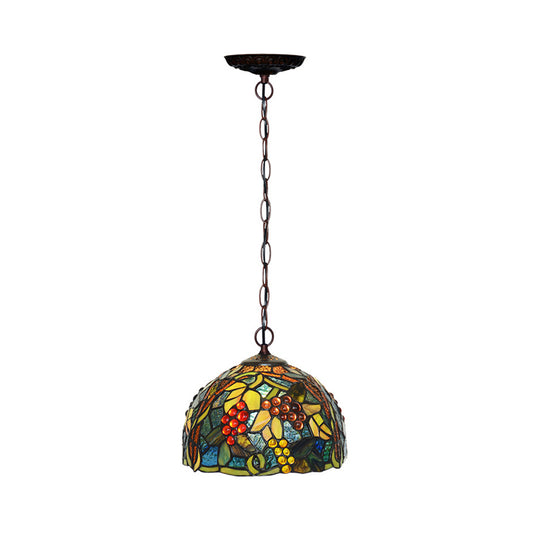 8"/12" W Dome Green Stained Glass Hanging Light Mediterranean 1 Light Bronze Down Lighting Pendant Clearhalo 'Ceiling Lights' 'Industrial' 'Middle Century Pendants' 'Pendant Lights' 'Pendants' 'Tiffany close to ceiling' 'Tiffany Pendants' 'Tiffany' Lighting' 317711