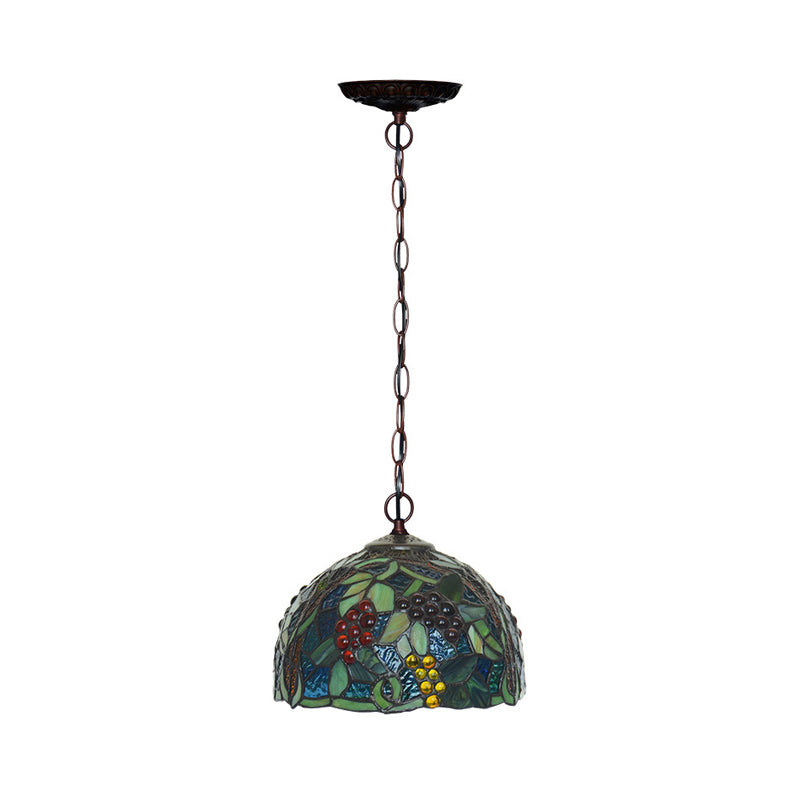 8"/12" W Dome Green Stained Glass Hanging Light Mediterranean 1 Light Bronze Down Lighting Pendant Clearhalo 'Ceiling Lights' 'Industrial' 'Middle Century Pendants' 'Pendant Lights' 'Pendants' 'Tiffany close to ceiling' 'Tiffany Pendants' 'Tiffany' Lighting' 317712