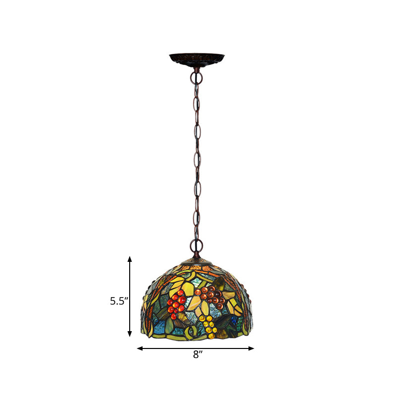 8"/12" W Dome Green Stained Glass Hanging Light Mediterranean 1 Light Bronze Down Lighting Pendant Clearhalo 'Ceiling Lights' 'Industrial' 'Middle Century Pendants' 'Pendant Lights' 'Pendants' 'Tiffany close to ceiling' 'Tiffany Pendants' 'Tiffany' Lighting' 317713
