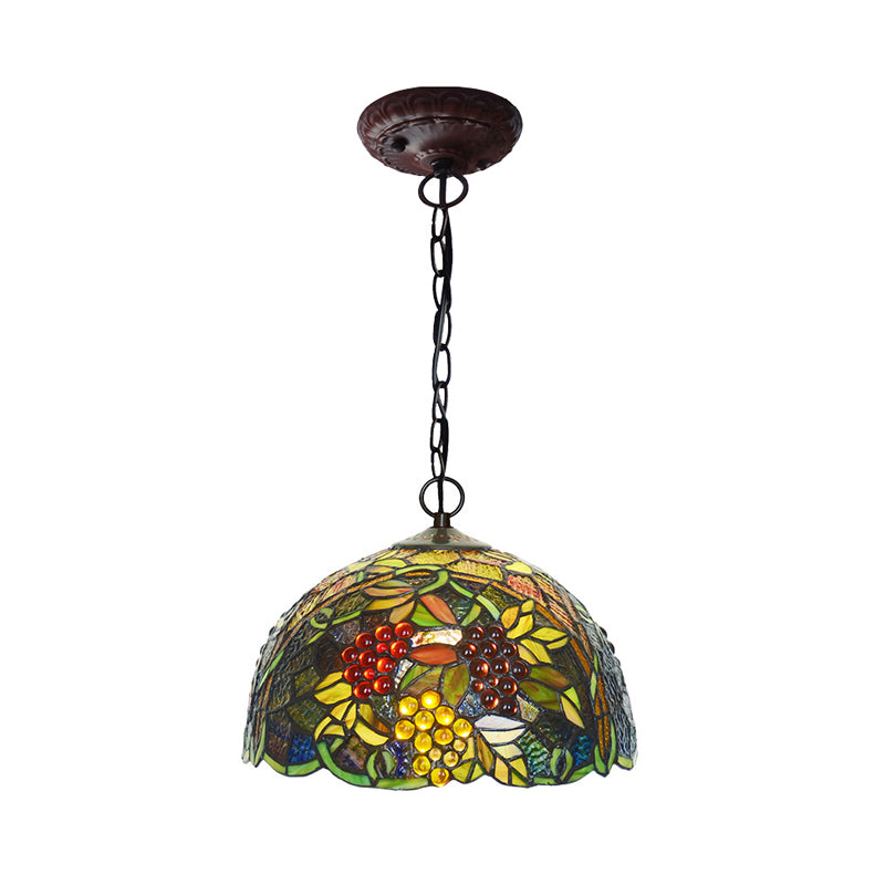 8"/12" W Dome Green Stained Glass Hanging Light Mediterranean 1 Light Bronze Down Lighting Pendant Clearhalo 'Ceiling Lights' 'Industrial' 'Middle Century Pendants' 'Pendant Lights' 'Pendants' 'Tiffany close to ceiling' 'Tiffany Pendants' 'Tiffany' Lighting' 317715