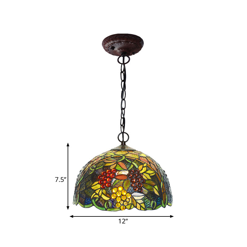 8"/12" W Dome Green Stained Glass Hanging Light Mediterranean 1 Light Bronze Down Lighting Pendant Clearhalo 'Ceiling Lights' 'Industrial' 'Middle Century Pendants' 'Pendant Lights' 'Pendants' 'Tiffany close to ceiling' 'Tiffany Pendants' 'Tiffany' Lighting' 317716