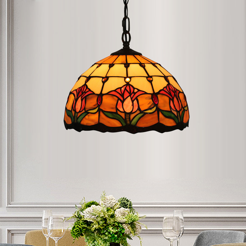Black Blossom Down Lighting Mediterranean 1 Light Red/Yellow/Blue Stained Glass Ceiling Pendant Light Yellow Clearhalo 'Ceiling Lights' 'Chandeliers' 'Industrial' 'Middle Century Pendants' 'Pendant Lights' 'Pendants' 'Tiffany close to ceiling' 'Tiffany Pendants' 'Tiffany' Lighting' 317726