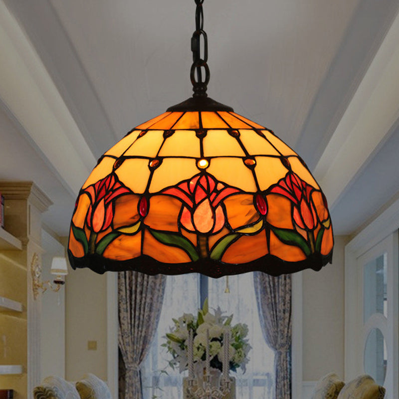 Black Blossom Down Lighting Mediterranean 1 Light Red/Yellow/Blue Stained Glass Ceiling Pendant Light Clearhalo 'Ceiling Lights' 'Chandeliers' 'Industrial' 'Middle Century Pendants' 'Pendant Lights' 'Pendants' 'Tiffany close to ceiling' 'Tiffany Pendants' 'Tiffany' Lighting' 317727