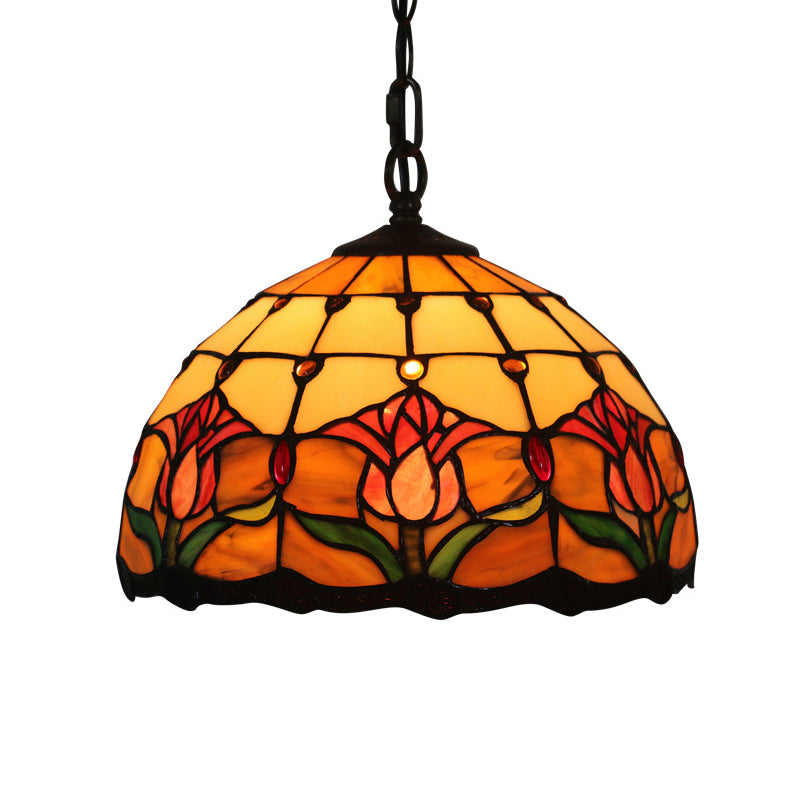 Black Blossom Down Lighting Mediterranean 1 Light Red/Yellow/Blue Stained Glass Ceiling Pendant Light Clearhalo 'Ceiling Lights' 'Chandeliers' 'Industrial' 'Middle Century Pendants' 'Pendant Lights' 'Pendants' 'Tiffany close to ceiling' 'Tiffany Pendants' 'Tiffany' Lighting' 317728