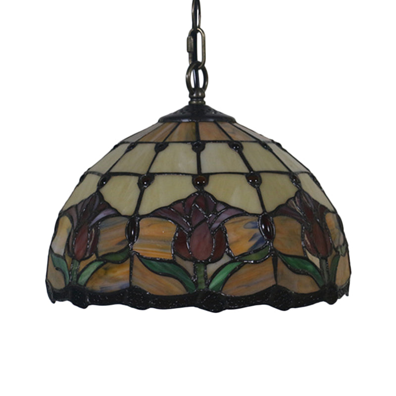 Black Blossom Down Lighting Mediterranean 1 Light Red/Yellow/Blue Stained Glass Ceiling Pendant Light Clearhalo 'Ceiling Lights' 'Chandeliers' 'Industrial' 'Middle Century Pendants' 'Pendant Lights' 'Pendants' 'Tiffany close to ceiling' 'Tiffany Pendants' 'Tiffany' Lighting' 317729