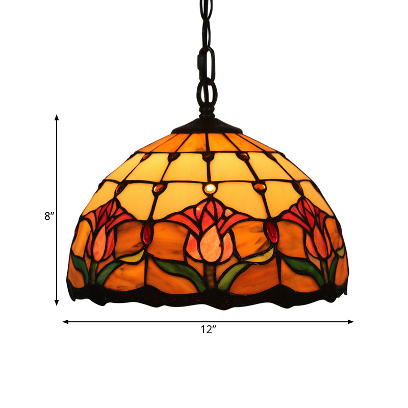 Black Blossom Down Lighting Mediterranean 1 Light Red/Yellow/Blue Stained Glass Ceiling Pendant Light Clearhalo 'Ceiling Lights' 'Chandeliers' 'Industrial' 'Middle Century Pendants' 'Pendant Lights' 'Pendants' 'Tiffany close to ceiling' 'Tiffany Pendants' 'Tiffany' Lighting' 317730