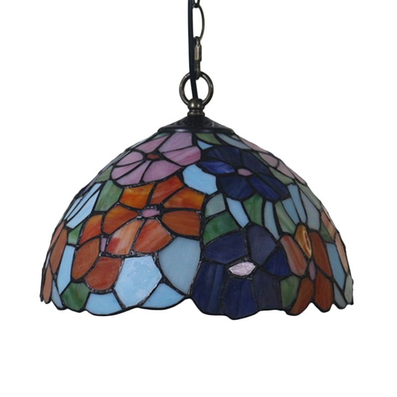Black Blossom Down Lighting Mediterranean 1 Light Red/Yellow/Blue Stained Glass Ceiling Pendant Light Clearhalo 'Ceiling Lights' 'Chandeliers' 'Industrial' 'Middle Century Pendants' 'Pendant Lights' 'Pendants' 'Tiffany close to ceiling' 'Tiffany Pendants' 'Tiffany' Lighting' 317732