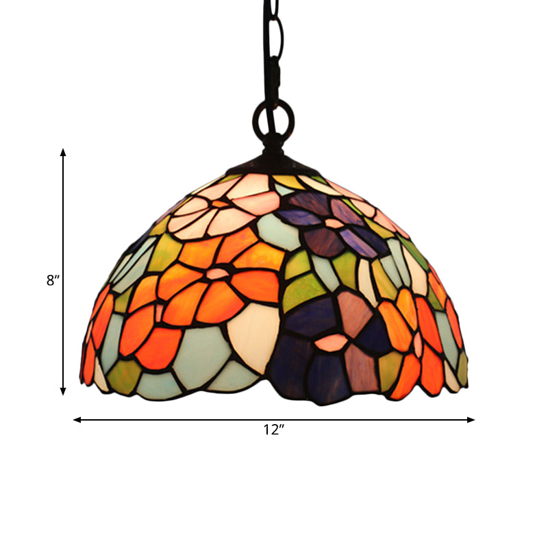 Black Blossom Down Lighting Mediterranean 1 Light Red/Yellow/Blue Stained Glass Ceiling Pendant Light Clearhalo 'Ceiling Lights' 'Chandeliers' 'Industrial' 'Middle Century Pendants' 'Pendant Lights' 'Pendants' 'Tiffany close to ceiling' 'Tiffany Pendants' 'Tiffany' Lighting' 317733