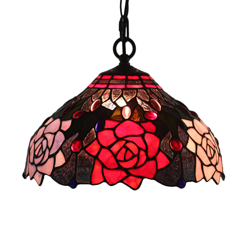 Black Blossom Down Lighting Mediterranean 1 Light Red/Yellow/Blue Stained Glass Ceiling Pendant Light Red Clearhalo 'Ceiling Lights' 'Chandeliers' 'Industrial' 'Middle Century Pendants' 'Pendant Lights' 'Pendants' 'Tiffany close to ceiling' 'Tiffany Pendants' 'Tiffany' Lighting' 317734