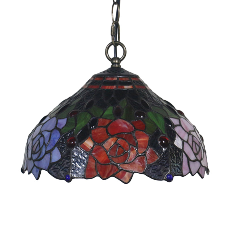 Black Blossom Down Lighting Mediterranean 1 Light Red/Yellow/Blue Stained Glass Ceiling Pendant Light Clearhalo 'Ceiling Lights' 'Chandeliers' 'Industrial' 'Middle Century Pendants' 'Pendant Lights' 'Pendants' 'Tiffany close to ceiling' 'Tiffany Pendants' 'Tiffany' Lighting' 317735