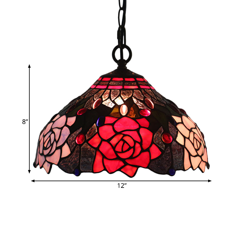 Black Blossom Down Lighting Mediterranean 1 Light Red/Yellow/Blue Stained Glass Ceiling Pendant Light Clearhalo 'Ceiling Lights' 'Chandeliers' 'Industrial' 'Middle Century Pendants' 'Pendant Lights' 'Pendants' 'Tiffany close to ceiling' 'Tiffany Pendants' 'Tiffany' Lighting' 317736