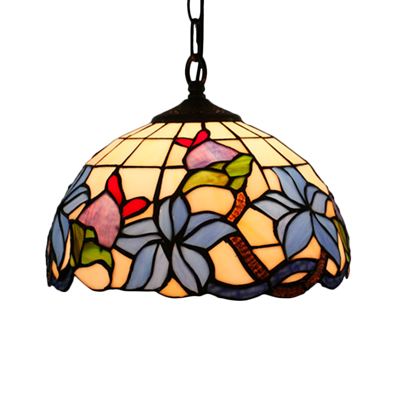 Black Blossom Down Lighting Mediterranean 1 Light Red/Yellow/Blue Stained Glass Ceiling Pendant Light Blue Clearhalo 'Ceiling Lights' 'Chandeliers' 'Industrial' 'Middle Century Pendants' 'Pendant Lights' 'Pendants' 'Tiffany close to ceiling' 'Tiffany Pendants' 'Tiffany' Lighting' 317737