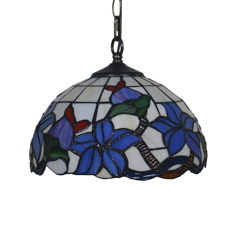 Black Blossom Down Lighting Mediterranean 1 Light Red/Yellow/Blue Stained Glass Ceiling Pendant Light Clearhalo 'Ceiling Lights' 'Chandeliers' 'Industrial' 'Middle Century Pendants' 'Pendant Lights' 'Pendants' 'Tiffany close to ceiling' 'Tiffany Pendants' 'Tiffany' Lighting' 317738