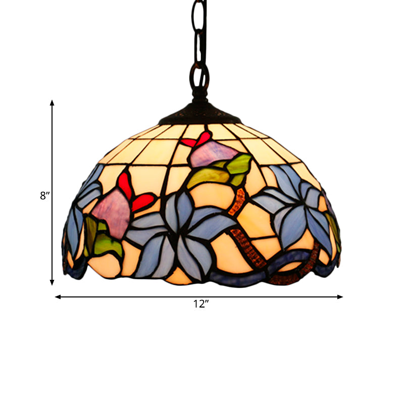 Black Blossom Down Lighting Mediterranean 1 Light Red/Yellow/Blue Stained Glass Ceiling Pendant Light Clearhalo 'Ceiling Lights' 'Chandeliers' 'Industrial' 'Middle Century Pendants' 'Pendant Lights' 'Pendants' 'Tiffany close to ceiling' 'Tiffany Pendants' 'Tiffany' Lighting' 317739