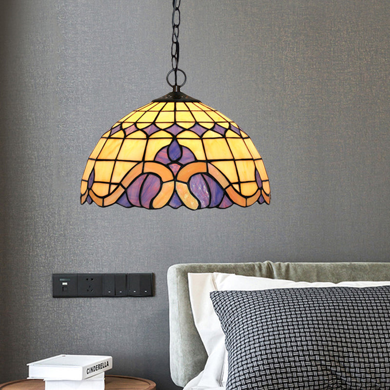 Domed Drop Pendant Tiffany-Style Blue Stained Glass 12"/16" W 1 Light Coffee Chandelier Light for Dining Room Blue 12" Clearhalo 'Ceiling Lights' 'Chandeliers' 'Industrial' 'Middle Century Chandeliers' 'Pendant Lights' 'Tiffany Chandeliers' 'Tiffany close to ceiling' 'Tiffany' Lighting' 317740