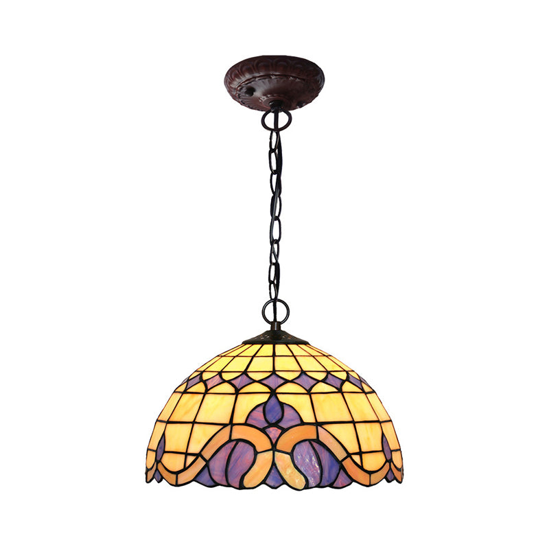 Domed Drop Pendant Tiffany-Style Blue Stained Glass 12"/16" W 1 Light Coffee Chandelier Light for Dining Room Clearhalo 'Ceiling Lights' 'Chandeliers' 'Industrial' 'Middle Century Chandeliers' 'Pendant Lights' 'Tiffany Chandeliers' 'Tiffany close to ceiling' 'Tiffany' Lighting' 317742