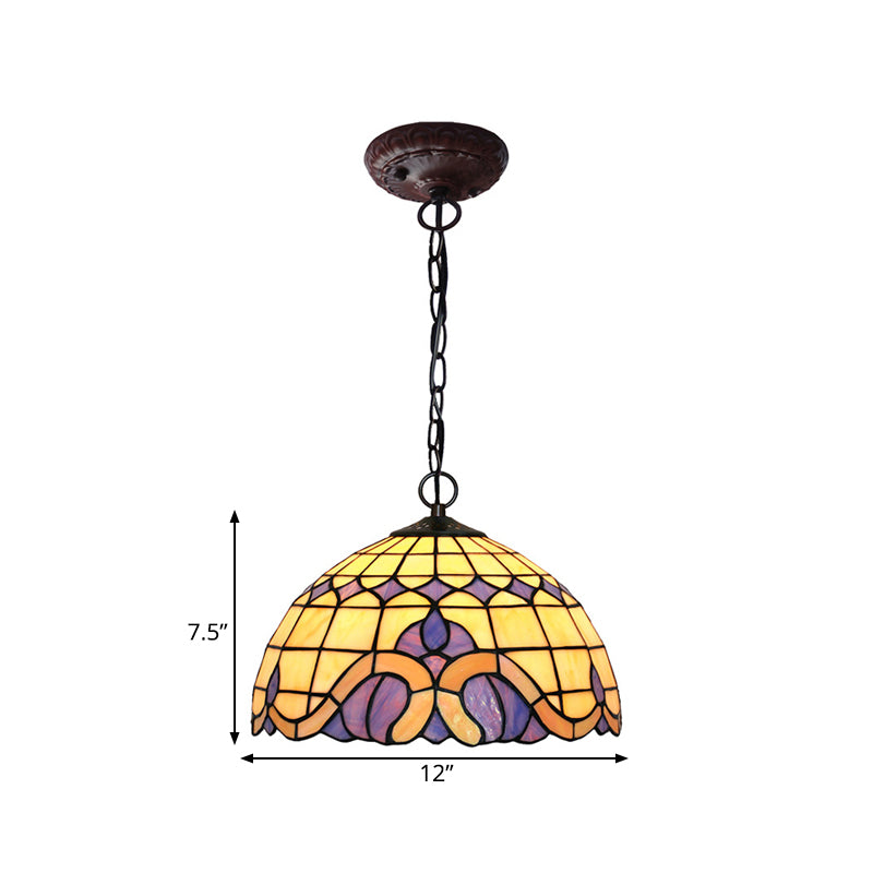 Domed Drop Pendant Tiffany-Style Blue Stained Glass 12"/16" W 1 Light Coffee Chandelier Light for Dining Room Clearhalo 'Ceiling Lights' 'Chandeliers' 'Industrial' 'Middle Century Chandeliers' 'Pendant Lights' 'Tiffany Chandeliers' 'Tiffany close to ceiling' 'Tiffany' Lighting' 317744