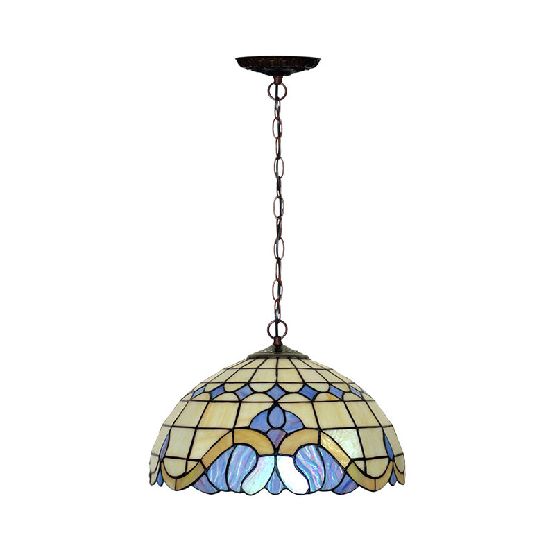 Domed Drop Pendant Tiffany-Style Blue Stained Glass 12"/16" W 1 Light Coffee Chandelier Light for Dining Room Clearhalo 'Ceiling Lights' 'Chandeliers' 'Industrial' 'Middle Century Chandeliers' 'Pendant Lights' 'Tiffany Chandeliers' 'Tiffany close to ceiling' 'Tiffany' Lighting' 317746