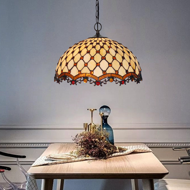 Beige Stained Glass Ceiling Lamp Scalloped 1 Light Mediterranean Suspension Pendant Light for Kitchen Beige Clearhalo 'Ceiling Lights' 'Industrial' 'Middle Century Pendants' 'Pendant Lights' 'Pendants' 'Tiffany close to ceiling' 'Tiffany Pendants' 'Tiffany' Lighting' 317771