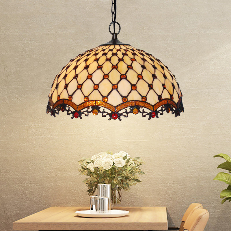 Beige Stained Glass Ceiling Lamp Scalloped 1 Light Mediterranean Suspension Pendant Light for Kitchen Clearhalo 'Ceiling Lights' 'Industrial' 'Middle Century Pendants' 'Pendant Lights' 'Pendants' 'Tiffany close to ceiling' 'Tiffany Pendants' 'Tiffany' Lighting' 317772