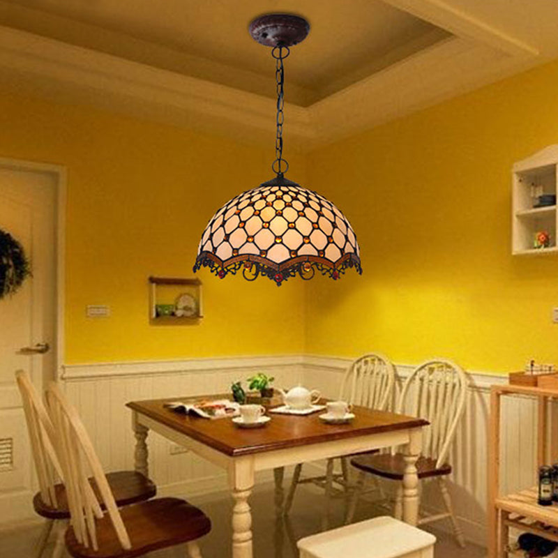 Beige Stained Glass Ceiling Lamp Scalloped 1 Light Mediterranean Suspension Pendant Light for Kitchen Clearhalo 'Ceiling Lights' 'Industrial' 'Middle Century Pendants' 'Pendant Lights' 'Pendants' 'Tiffany close to ceiling' 'Tiffany Pendants' 'Tiffany' Lighting' 317773