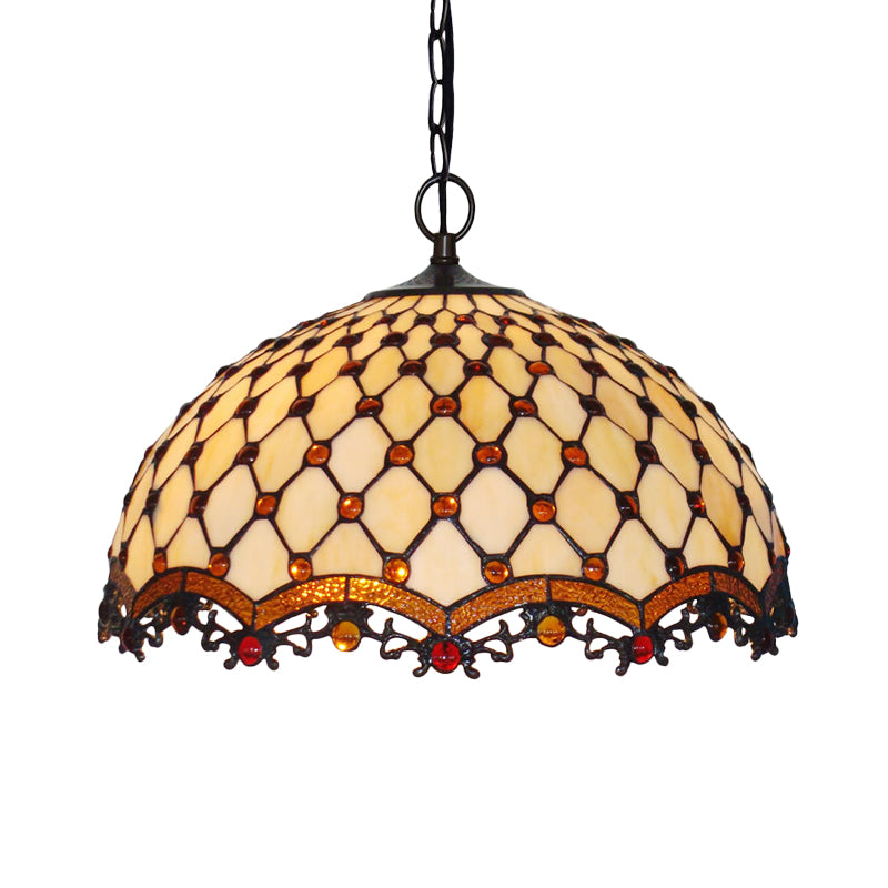 Beige Stained Glass Ceiling Lamp Scalloped 1 Light Mediterranean Suspension Pendant Light for Kitchen Clearhalo 'Ceiling Lights' 'Industrial' 'Middle Century Pendants' 'Pendant Lights' 'Pendants' 'Tiffany close to ceiling' 'Tiffany Pendants' 'Tiffany' Lighting' 317774