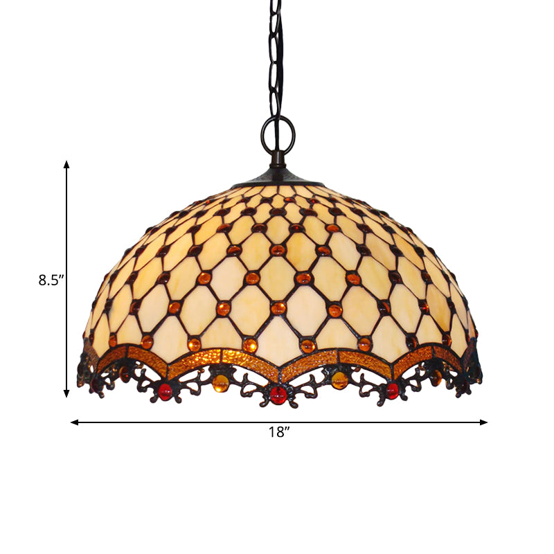 Beige Stained Glass Ceiling Lamp Scalloped 1 Light Mediterranean Suspension Pendant Light for Kitchen Clearhalo 'Ceiling Lights' 'Industrial' 'Middle Century Pendants' 'Pendant Lights' 'Pendants' 'Tiffany close to ceiling' 'Tiffany Pendants' 'Tiffany' Lighting' 317775