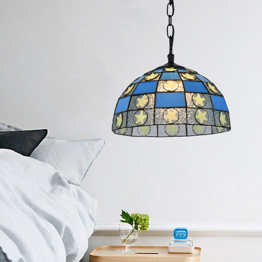 12"/16" Wide Black 1 Light Pendant Lighting Fixture Tiffany-Style Blue Glass Star Hanging Lamp Kit Blue Clearhalo 'Ceiling Lights' 'Industrial' 'Middle Century Pendants' 'Pendant Lights' 'Pendants' 'Tiffany close to ceiling' 'Tiffany Pendants' 'Tiffany' Lighting' 317785