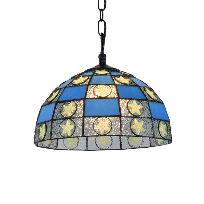 12"/16" Wide Black 1 Light Pendant Lighting Fixture Tiffany-Style Blue Glass Star Hanging Lamp Kit Clearhalo 'Ceiling Lights' 'Industrial' 'Middle Century Pendants' 'Pendant Lights' 'Pendants' 'Tiffany close to ceiling' 'Tiffany Pendants' 'Tiffany' Lighting' 317788