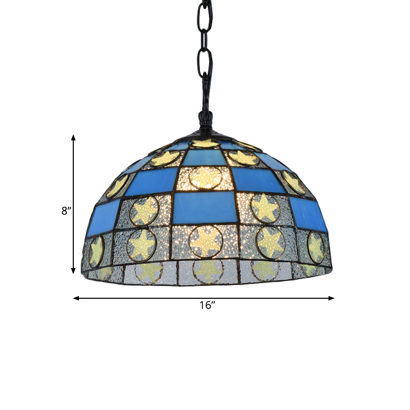 12"/16" Wide Black 1 Light Pendant Lighting Fixture Tiffany-Style Blue Glass Star Hanging Lamp Kit Clearhalo 'Ceiling Lights' 'Industrial' 'Middle Century Pendants' 'Pendant Lights' 'Pendants' 'Tiffany close to ceiling' 'Tiffany Pendants' 'Tiffany' Lighting' 317790
