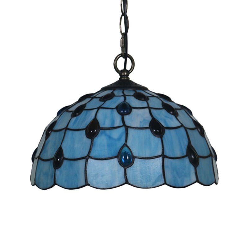 12"/16" Wide 1 Light Pendulum Light Tiffany Beaded Blue/Textured Silver Glass Ceiling Pendant for Dining Room Clearhalo 'Ceiling Lights' 'Industrial' 'Middle Century Pendants' 'Pendant Lights' 'Pendants' 'Tiffany close to ceiling' 'Tiffany Pendants' 'Tiffany' Lighting' 317798