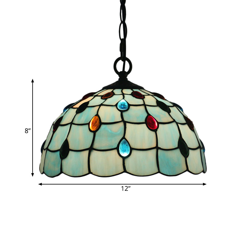 12"/16" Wide 1 Light Pendulum Light Tiffany Beaded Blue/Textured Silver Glass Ceiling Pendant for Dining Room Clearhalo 'Ceiling Lights' 'Industrial' 'Middle Century Pendants' 'Pendant Lights' 'Pendants' 'Tiffany close to ceiling' 'Tiffany Pendants' 'Tiffany' Lighting' 317799
