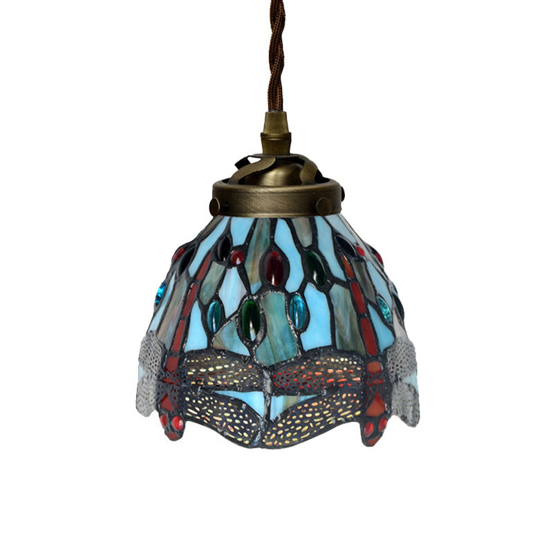 1 Light Hanging Pendant Baroque Dragonfly/Flower Red/Green Stained Glass Suspension Lighting Fixture for Kitchen Green Clearhalo 'Ceiling Lights' 'Industrial' 'Middle Century Pendants' 'Pendant Lights' 'Pendants' 'Tiffany close to ceiling' 'Tiffany Pendants' 'Tiffany' Lighting' 317850