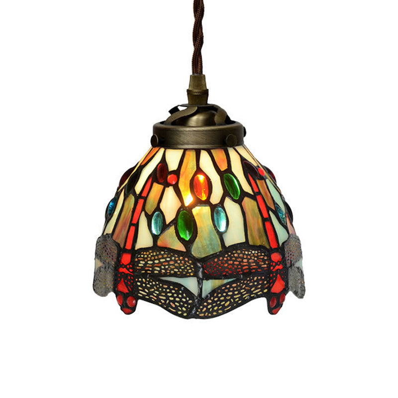 1 Light Hanging Pendant Baroque Dragonfly/Flower Red/Green Stained Glass Suspension Lighting Fixture for Kitchen Clearhalo 'Ceiling Lights' 'Industrial' 'Middle Century Pendants' 'Pendant Lights' 'Pendants' 'Tiffany close to ceiling' 'Tiffany Pendants' 'Tiffany' Lighting' 317851