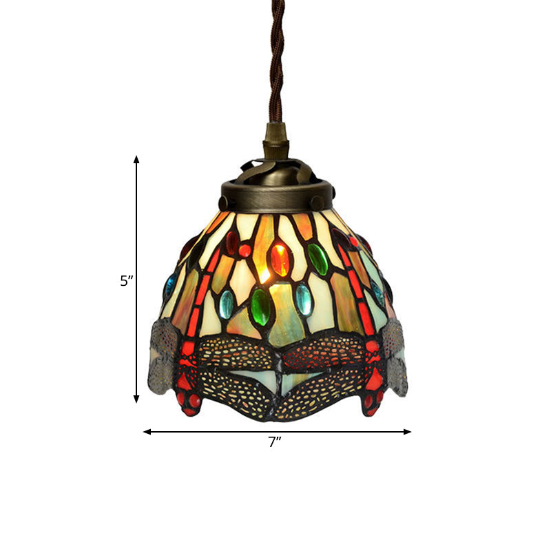 1 Light Hanging Pendant Baroque Dragonfly/Flower Red/Green Stained Glass Suspension Lighting Fixture for Kitchen Clearhalo 'Ceiling Lights' 'Industrial' 'Middle Century Pendants' 'Pendant Lights' 'Pendants' 'Tiffany close to ceiling' 'Tiffany Pendants' 'Tiffany' Lighting' 317852