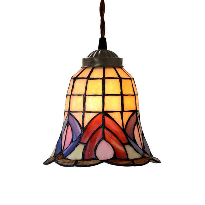 1 Light Bell Ceiling Pendant Mediterranean Red/Pink/Blue Cut Glass Suspension Lighting for Kitchen Purple Clearhalo 'Ceiling Lights' 'Industrial' 'Middle Century Pendants' 'Pendant Lights' 'Pendants' 'Tiffany close to ceiling' 'Tiffany Pendants' 'Tiffany' Lighting' 317861