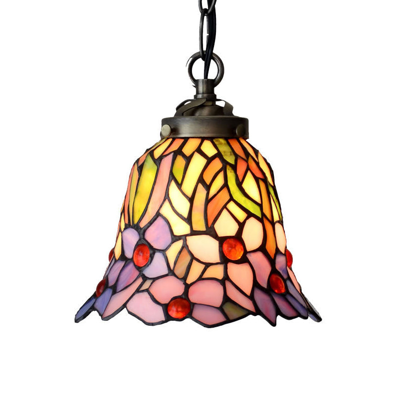 1 Light Bell Ceiling Pendant Mediterranean Red/Pink/Blue Cut Glass Suspension Lighting for Kitchen Pink Clearhalo 'Ceiling Lights' 'Industrial' 'Middle Century Pendants' 'Pendant Lights' 'Pendants' 'Tiffany close to ceiling' 'Tiffany Pendants' 'Tiffany' Lighting' 317863