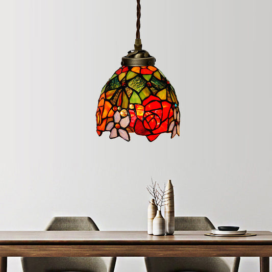 Tiffany Domed Pendant Light 1 Light Red/Pink/Yellow Stained Glass Ceiling Suspension Lamp for Dining Room Red Clearhalo 'Ceiling Lights' 'Chandeliers' 'Close To Ceiling Lights' 'Industrial' 'Middle Century Pendants' 'Pendant Lights' 'Pendants' 'Tiffany close to ceiling' 'Tiffany Pendants' 'Tiffany' Lighting' 317865