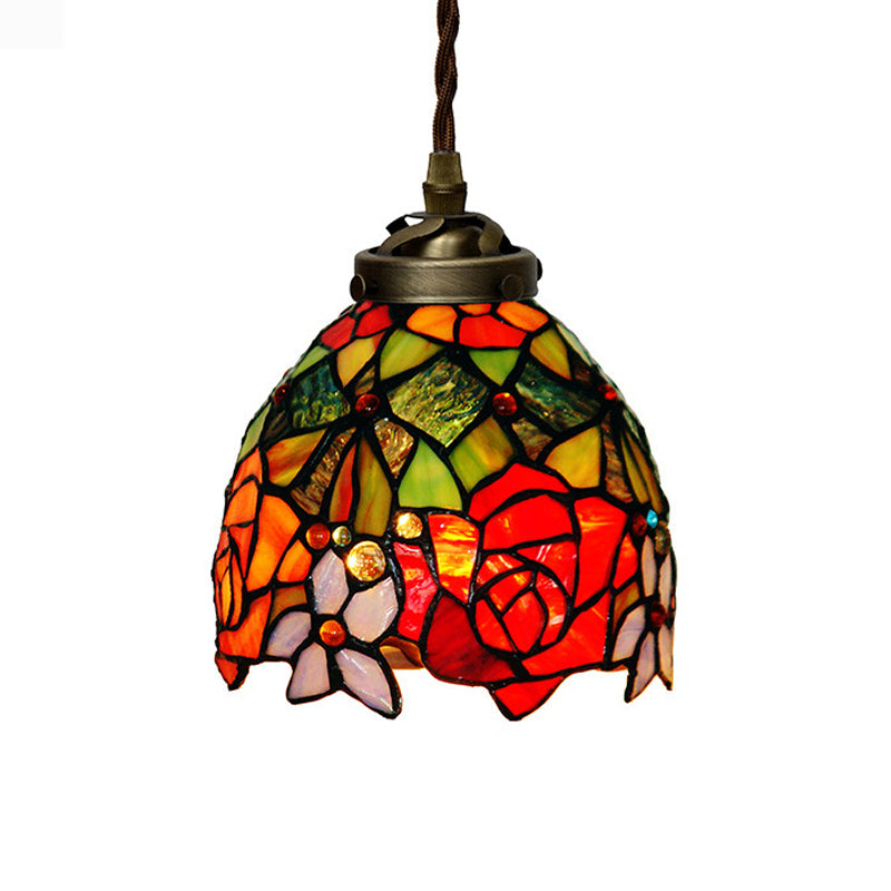 Tiffany Domed Pendant Light 1 Light Red/Pink/Yellow Stained Glass Ceiling Suspension Lamp for Dining Room Clearhalo 'Ceiling Lights' 'Chandeliers' 'Close To Ceiling Lights' 'Industrial' 'Middle Century Pendants' 'Pendant Lights' 'Pendants' 'Tiffany close to ceiling' 'Tiffany Pendants' 'Tiffany' Lighting' 317868
