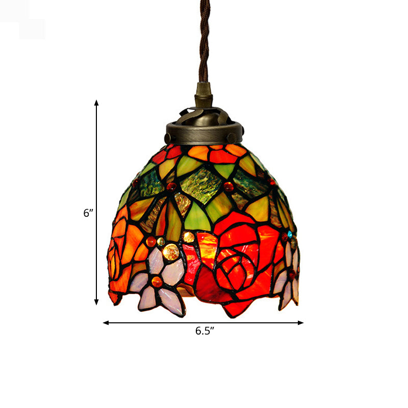 Tiffany Domed Pendant Light 1 Light Red/Pink/Yellow Stained Glass Ceiling Suspension Lamp for Dining Room Clearhalo 'Ceiling Lights' 'Chandeliers' 'Close To Ceiling Lights' 'Industrial' 'Middle Century Pendants' 'Pendant Lights' 'Pendants' 'Tiffany close to ceiling' 'Tiffany Pendants' 'Tiffany' Lighting' 317869