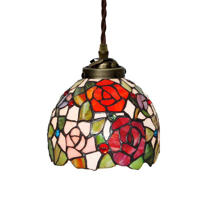 Tiffany Domed Pendant Light 1 Light Red/Pink/Yellow Stained Glass Ceiling Suspension Lamp for Dining Room Pink Clearhalo 'Ceiling Lights' 'Chandeliers' 'Close To Ceiling Lights' 'Industrial' 'Middle Century Pendants' 'Pendant Lights' 'Pendants' 'Tiffany close to ceiling' 'Tiffany Pendants' 'Tiffany' Lighting' 317870