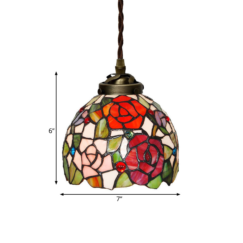 Tiffany Domed Pendant Light 1 Light Red/Pink/Yellow Stained Glass Ceiling Suspension Lamp for Dining Room Clearhalo 'Ceiling Lights' 'Chandeliers' 'Close To Ceiling Lights' 'Industrial' 'Middle Century Pendants' 'Pendant Lights' 'Pendants' 'Tiffany close to ceiling' 'Tiffany Pendants' 'Tiffany' Lighting' 317871