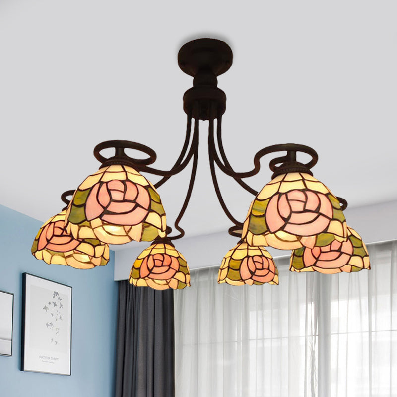 6 Lights Rose Semi Flush Mount Lighting Tiffany Pink Cut Glass Ceiling Light Fixture for Bedroom Clearhalo 'Ceiling Lights' 'Chandeliers' 'Close To Ceiling Lights' 'Close to ceiling' 'Glass shade' 'Glass' 'Semi-flushmount' 'Tiffany close to ceiling' 'Tiffany' Lighting' 317875