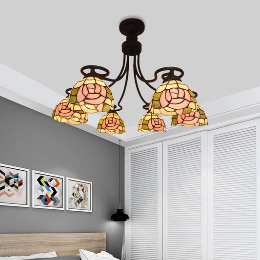 6 Lights Rose Semi Flush Mount Lighting Tiffany Pink Cut Glass Ceiling Light Fixture for Bedroom Clearhalo 'Ceiling Lights' 'Chandeliers' 'Close To Ceiling Lights' 'Close to ceiling' 'Glass shade' 'Glass' 'Semi-flushmount' 'Tiffany close to ceiling' 'Tiffany' Lighting' 317876